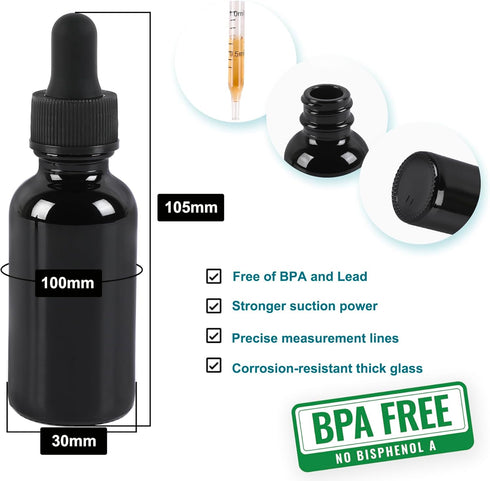 48 Pack 1oz Black Glass Dropper Bottles with Dropper, Pretty Finish for All Kinds of Liquids, Leakproof Travel