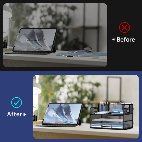 SUPEASY 3 Tier Desk Organizer with Handle & 3 Pen Holders, Mesh Paper/File Organizer for Office Supplies