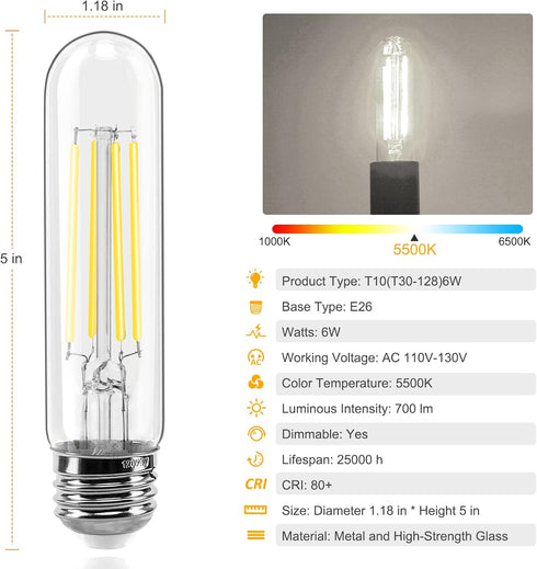 E26 LED Bulb 6W Dimmable, LED Light Bulbs Daylight 5500K E26 Edison Bulb, 700lm Equal 60 Watt AC120V 5 Inch, T10 Led Bulb Tubular for Rustic Pendant, Chandeliers, Wall sconces Pack of 6 by TopLeder