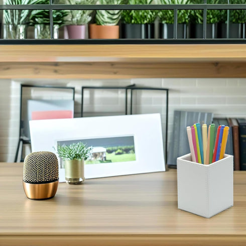 UnionBasic Square Pen Holder, Leather Pencil Cup, Desktop Caddy Stationery Organizer, White by UnionBasic