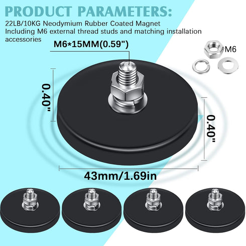 M6 Tools(4 Packs,Black,1.69 Inch) Flutesan Neodymium Magnet Rubber Coated Mounting Small Scratch Safe Black Stud Magnet