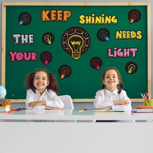 Light Bulb Keep Shining Classroom Bulletin Board Set, Chalkboard Motivational Cutouts for Kids Students Teachers