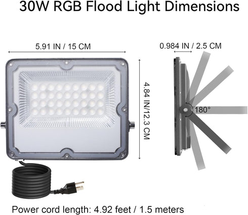 Changing,30W (300W Equivalent),3000LM, 2.4G Control,IP66 Waterproof,16 Sync,5000K,2-Pack RGB LED Flood Lights