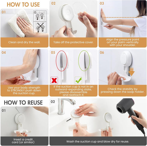 2 Pack, LEVERLOC Razor Holder for Shower Powerful Suction Cup Shower Hooks for Towel, Loofah, Razor, Squeegee