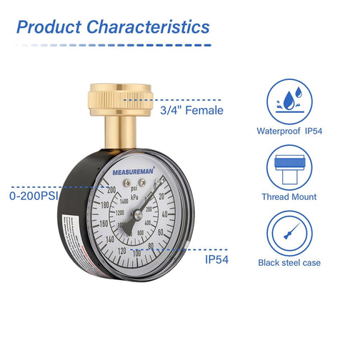 MEASUREMAN 0-200 PSI Water Pressure Gauge, 2-1/2'' Dial, Durable Hose Bib Pressure Tester for Home