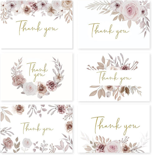 Oaken Leaford 24 Pack Pre-Folded Floral Thank You Cards with Envelopes & Stickers, 6