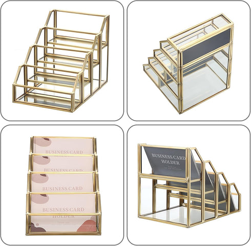 Hipiwe 4 Slots Glass Business Card Holder for Desktop, Gold Mirrored Business Card Display Stand, Multiple Clear