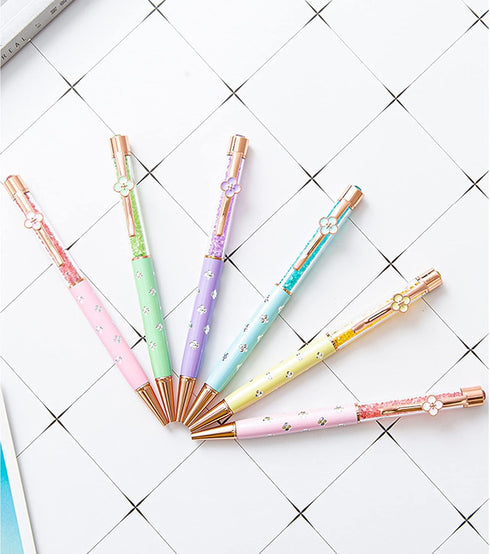 Gullor 6 Pieces Black Ink Pens: Medium Point Ballpoint Crystal Pen with Four-leaf Clover, Purple