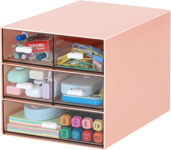 Desk Organizer with 5 Drawers, Rectangular Office Stationery Supplies, Plastic Makeup Storage for Office, Pink