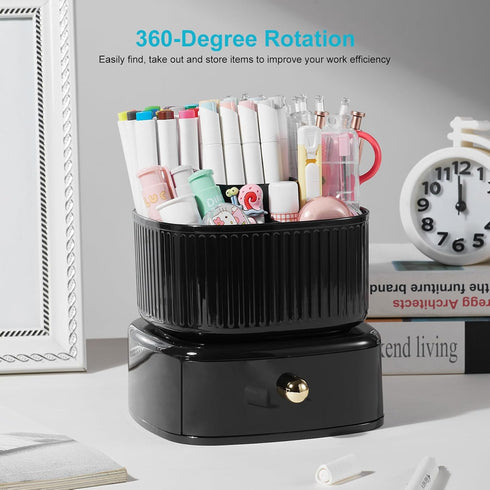 Desk Organizer with Drawer, 5 Slots 360 Degree Rotating Pencil Pen Holder for Office Accessories, Black