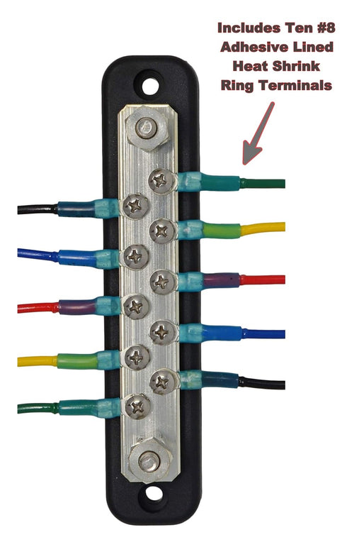 10 Terminal Bus Bar Kit for Power and Ground Distribution, Heat Shrink Ring Terminals and Cover Included