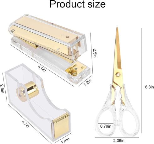 Stapler and Tape Dispenser Kit, Acrylic Desk Organize Accessories, Clear Tape Dispenser, Gold Stapler