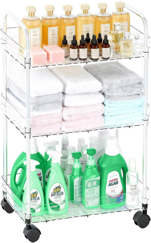 Betoveren 3 Tier Utility Rolling Cart with Wheels Multifunctional Storage Cart Clear Movable Storage Organizer