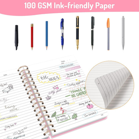 Forvencer A5 Lined Spiral Journal Notebook, 300 Numbered Pages, 100GSM Paper, Pink Hardcover for Work School