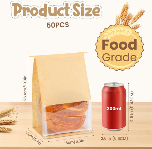 50 10.2 6.3 5.1 Inches Packaging Pcs Bread Bags for Homemade Bread Sourdough, * * Bakery Bags with Window Reusable Tin
