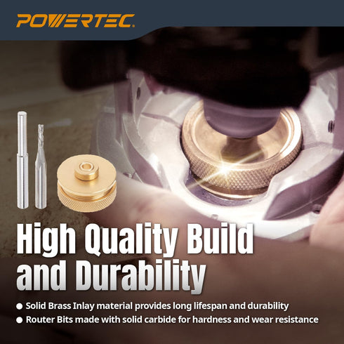 Set 1/8" 1/4" 1/4" 71333E POWERTEC Router Brass Inlay Kit with Router Bushing Guide + Centering Pin, Collar & Diameter