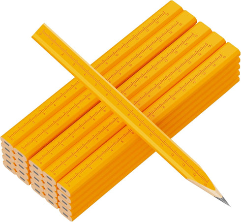25 Pack Carpenter Pencils with Ruler - Flat Yellow Octagonal Woodworking Pencils for Construction, Marking, Framing