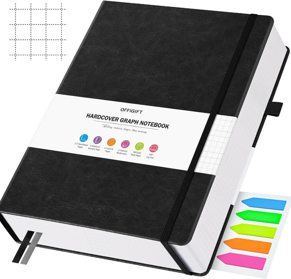 Graph Paper Notebook, 312 Numbered Pages B5 Hardcover Journal, 100gsm No Bleed Grid Paper, Black