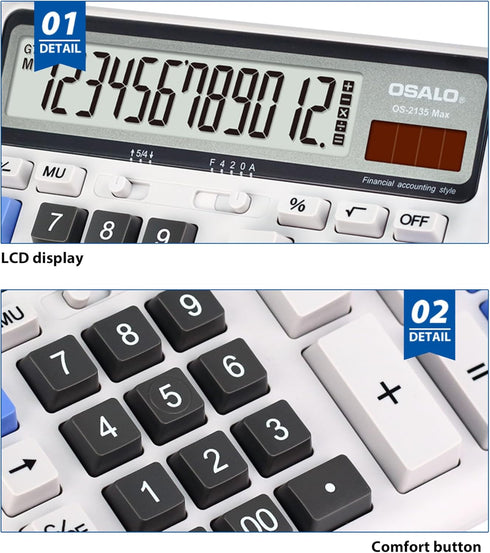 Desktop Calculator with Extra Large LCD Display, 12 Digits Accounting Calculator (OS-2135 Pro-2Pcs)