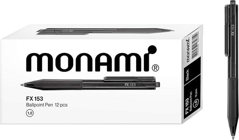 MONAMI FX 153 Retractable Ballpoint Pen, Medium Point (1.0mm), Smudge-Free Ultra Smooth F5 Ink, Black, 12-Count