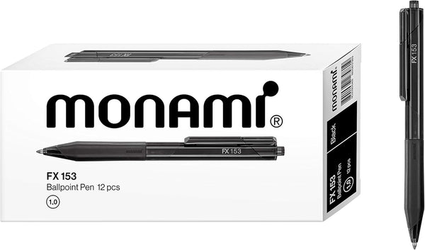 MONAMI FX 153 Retractable Ballpoint Pen, Medium Point (1.0mm), Smudge-Free Ultra Smooth F5 Ink, Black, 12-Count