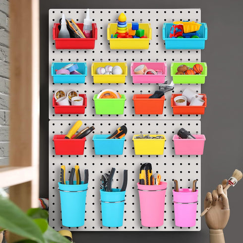 Roowest 60 Pcs Pegboard Cups, Pegboard Bins Set, Wall Organizer with Hooks and Loops, Assortment for Office Storage