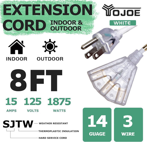 YOJOE 8 ft White Outdoor Extension Cord, 14/3 SJTW 3 Outlet Waterproof for Christmas Lights