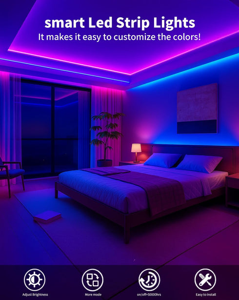 BojiaLighting 50FT Smart LED Strip Lights for Bedroom App Control Lighting Bedroom Rome Decor with Remote, RGB Music