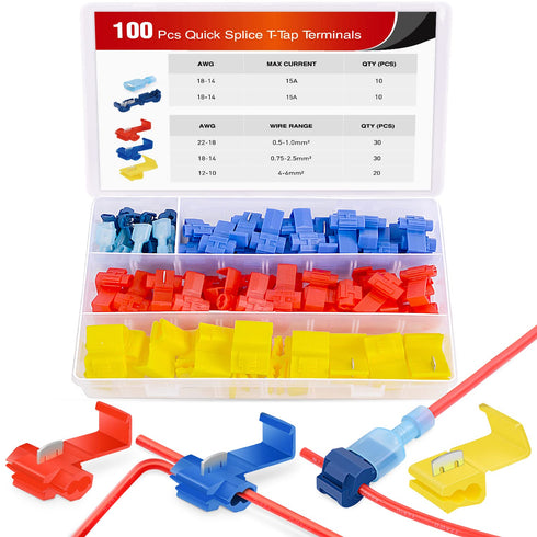 Nilight 100PCS Quick Splice Solderless Wire and T-Tap Electrical Connectors, 22-18 AWG Assortment Kit
