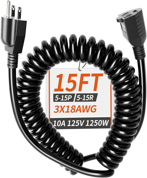 18/3 Gauge Black Coiled Extension Cord, 15 ft Indoor Waterproof Flexible 3 Prong Spiral Power Cord for Home Office
