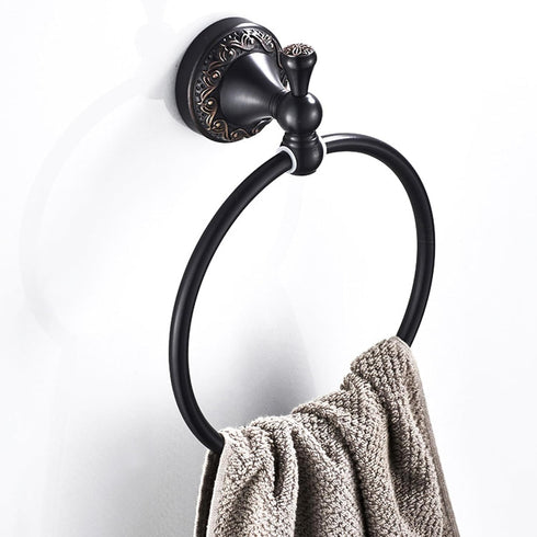 Oil Rubble Bronze Brass Bath Towel Ring, Wall Mounted Black Bathroom Hardware Accessories with Pattern Carving Design