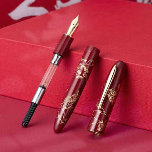 N23 Set HONG DIAN Red Rabbit Fountain Pen, Long Blade Medium Nib Gold Trim, New Year Lucky Rabbit Carving Design