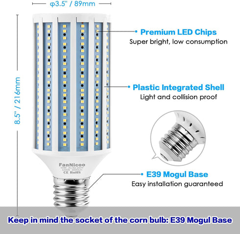 LED Corn Light Bulb, 500W Equivalent, 60W, 6000 Lumen, 6500K E39 Mogul Base, Cool Daylight White for Large Areas
