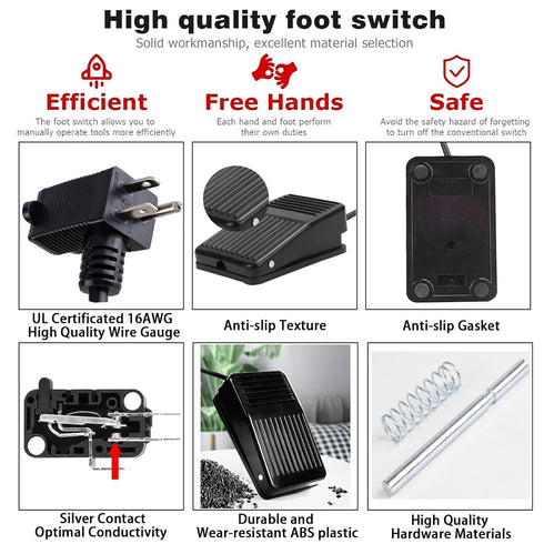 Foot Switch, 6-ft Cable Foot Pedal Switch with 3-Prong Plug for Woodworking Machine Control and Power Tools