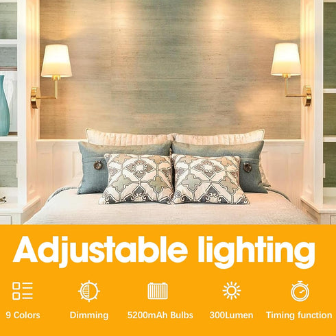 Set 10000mAh Dimmable Bulbs, 12 JKEYES Battery Operated Wall Sconces of Two, Gold Cordless Wall Sconce with RGB