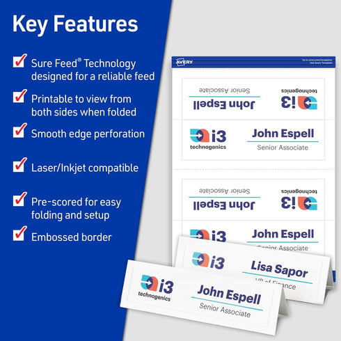 Avery Printable Tent Cards with Sure Feed Technology, 2-1/2" x 8-1/2", Matte White, 100 Blank Place Cards