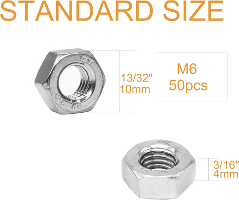 binifiMux M6 Stainless Steel Hex Nuts, Silver, Pack of 50