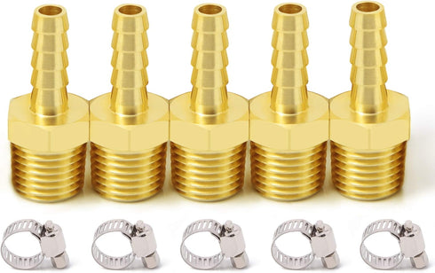 Brass 3/8" Barb x 3/8" NPT Male Pneumatic Air Hose Fittings with Hose Clamps (Pack of 5)