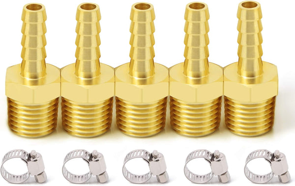 Brass 1/4" Barb x 1/4" NPT Male Pneumatic Air Hose Fittings with Hose Clamps (Pack of 5)