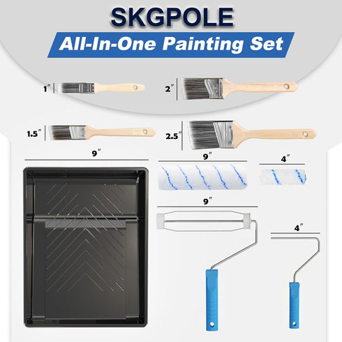 4.4FT 27 4" 9" Paint Roller Kit with Telescoping Extension Pole, PCS Paint Brushes Kit, Paint Roller, Paint Trays