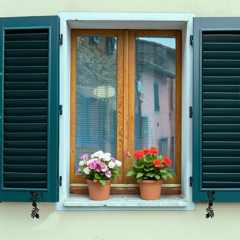 7-Inch (2-pcs, Black Leaf Shaped Shutter Tieback, Decorative Shutter Holder with Installation Hardware, Exterior