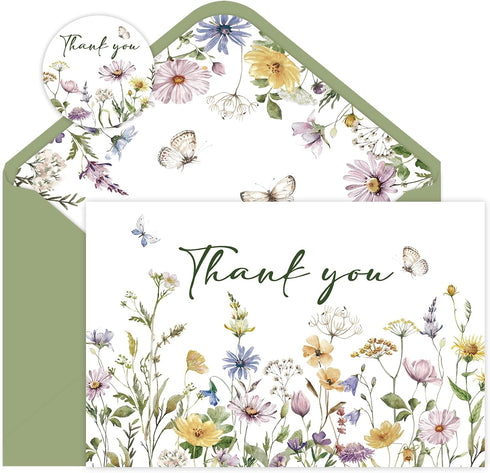 SMUAENSS 48 Pack Floral Thank You Cards With Envelopes,Watercolor Wildflower Thank You Cards