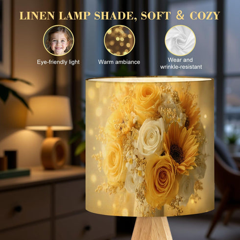 RAINFALLARING Tripod Bedside Table Lamp for Bedroom Elegant Yellow White Rose Bouquet Sunflowers Glitter Accents