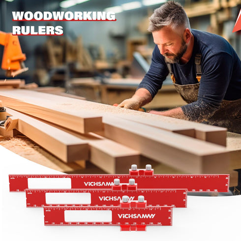 Woodworking Ruler - Precision Pocket Rulers, VICHSAMWY Scribing Ruler 12, 8, 6 Inch Metal Slide Stop Marking Ruler