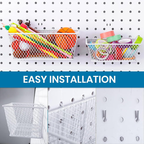 Sieral 4 Pcs Metal Wire Shelf Baskets, Pegboard Organizer Accessories for Garage Workbench, 2 Sizes (White)