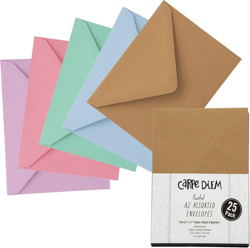 Pukka Pad, Carpe Diem Gummed Envelopes for Greeting Cards - Pack of 25 Pastel A2 Envelopes, 4.38 x 5.75 in