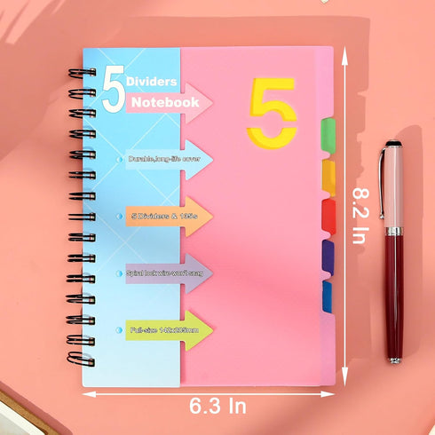 CAGIE 5 Subject Notebooks - College Ruled Spiral Notebook 5x7 with Divider Tabs, 220 Pages, A5 Pink Spiral Notebook for