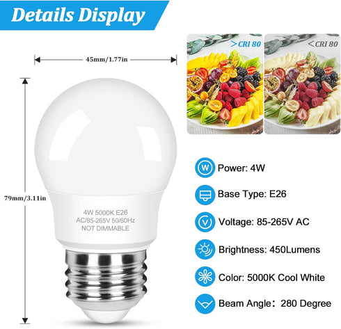 LED Refrigerator Light Bulb, 40 Watt Equivalent, 120V Fridge Appliance, 4W Daylight White 5000K, 2-Pack