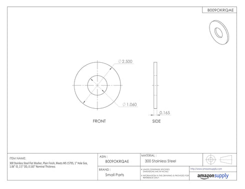 Small Parts MS15795827 300 Stainless Steel Flat Washer, Plain Finish, 1" Hole Size, 1.06" ID, 2.5" OD, 0.165" Thickness
