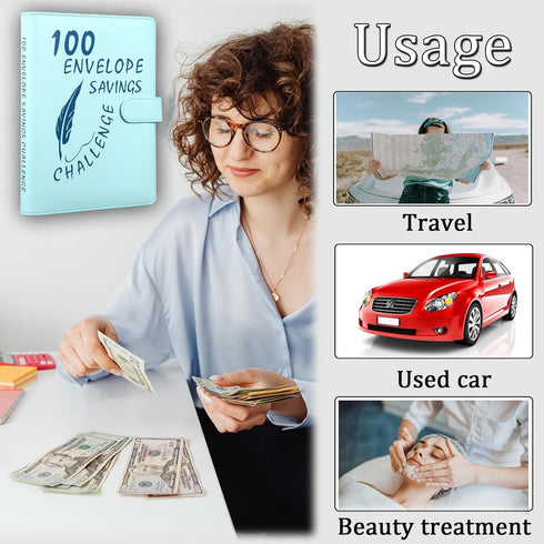 MUQING 100 Envelope Challenge Binder, Money Saving Envelopes for Cash Challenge, $5,050 Budget Planner Book (Blue)